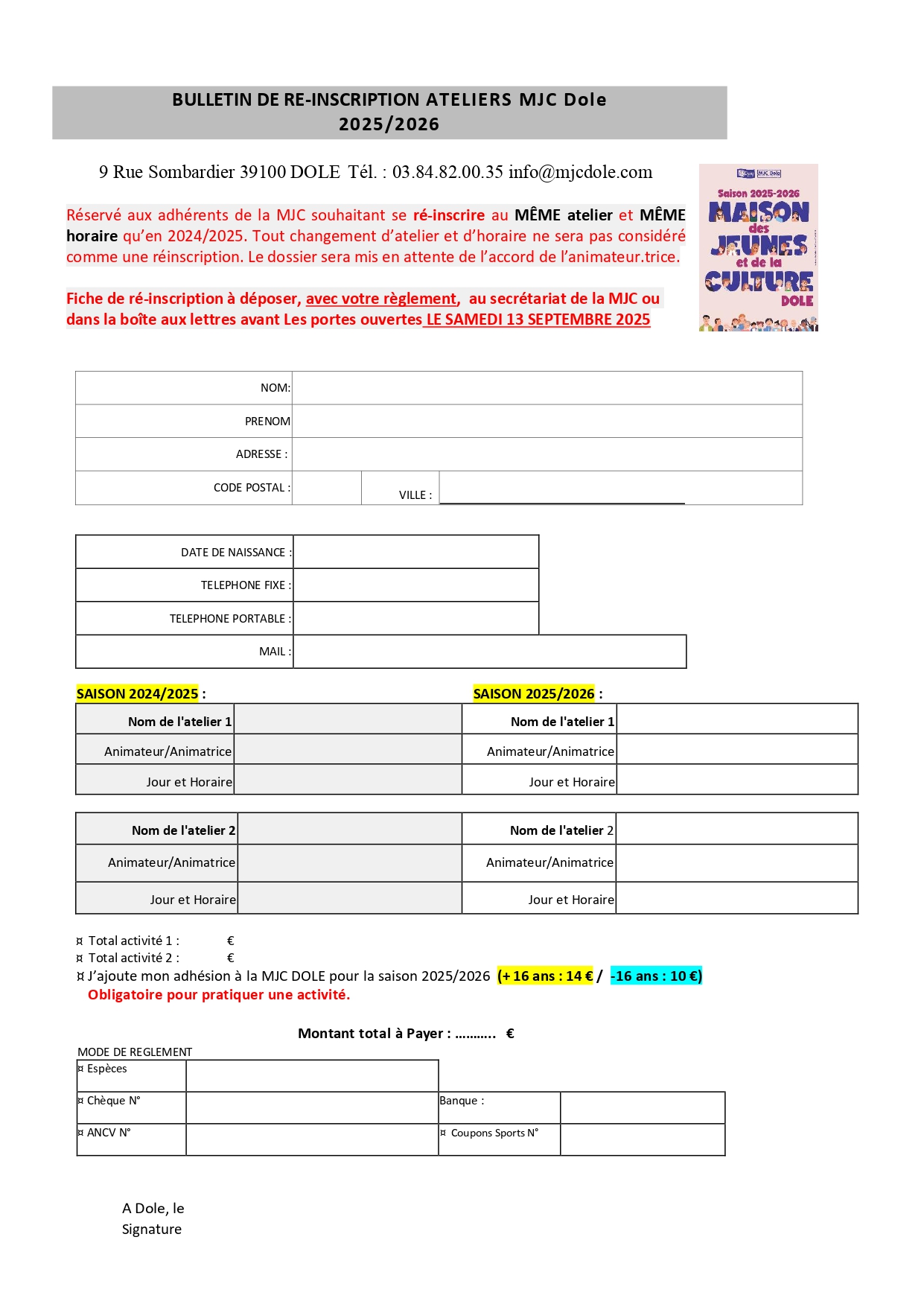 2025 08 21 MJC Dole réinscription correspondance 2025 2026 page 0001
